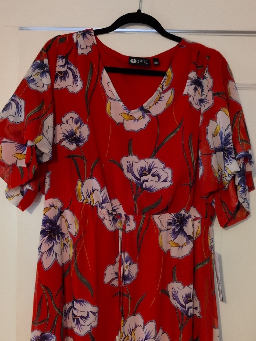 Floral Red Midi Dress with Ruffle Hem - Picture 3 of 4